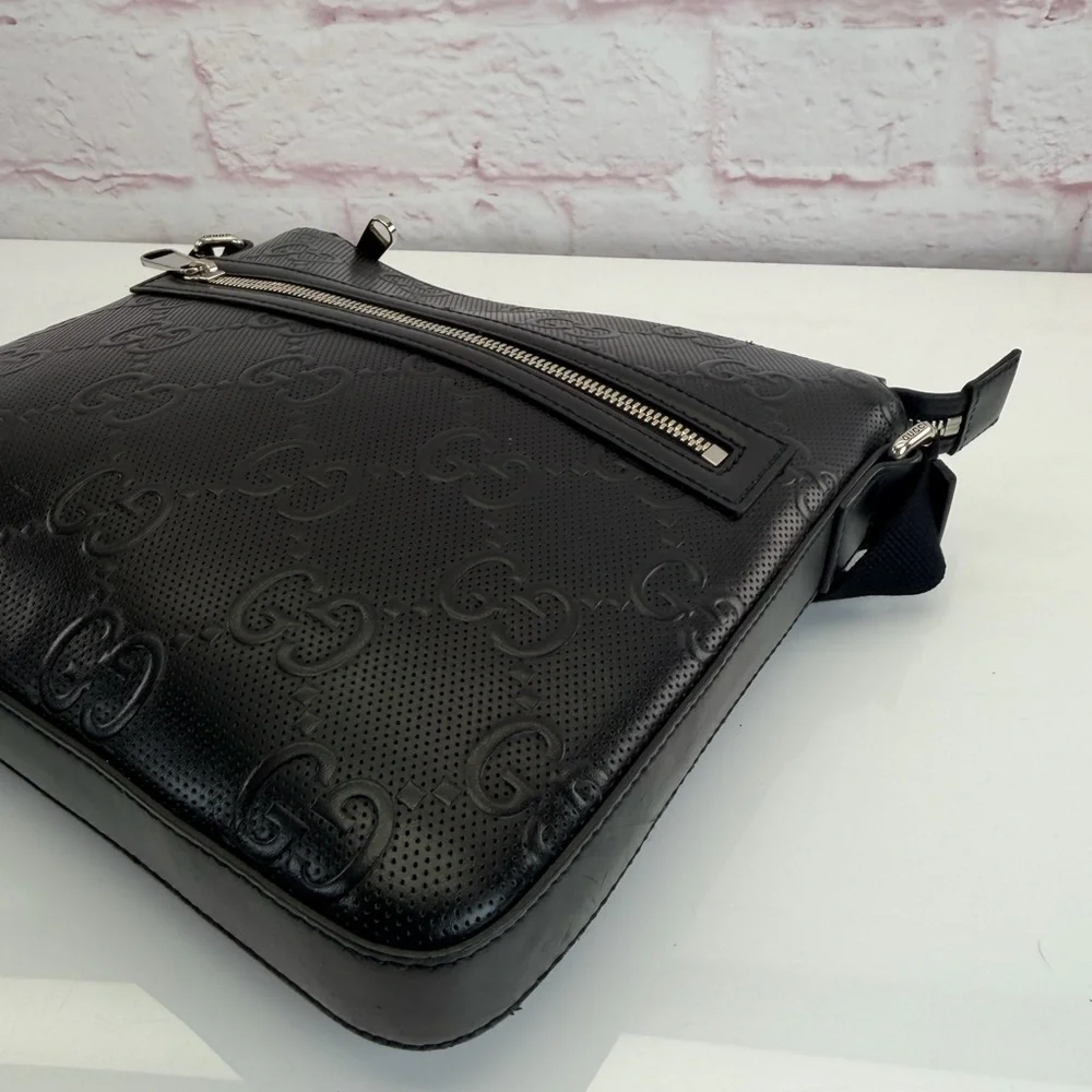 Gucci Black Gg Embossed Leather Messenger Bag